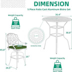 VIVIJASON 5-Piece Patio Swivel Bar Stools Set, All Weather Cast Aluminum Outdoor Bar Height Bistro Set with 4 Cushioned Bar Chairs & 35.4" High Bar Table w/Umbrella Hole for Backyard, Lawn, White