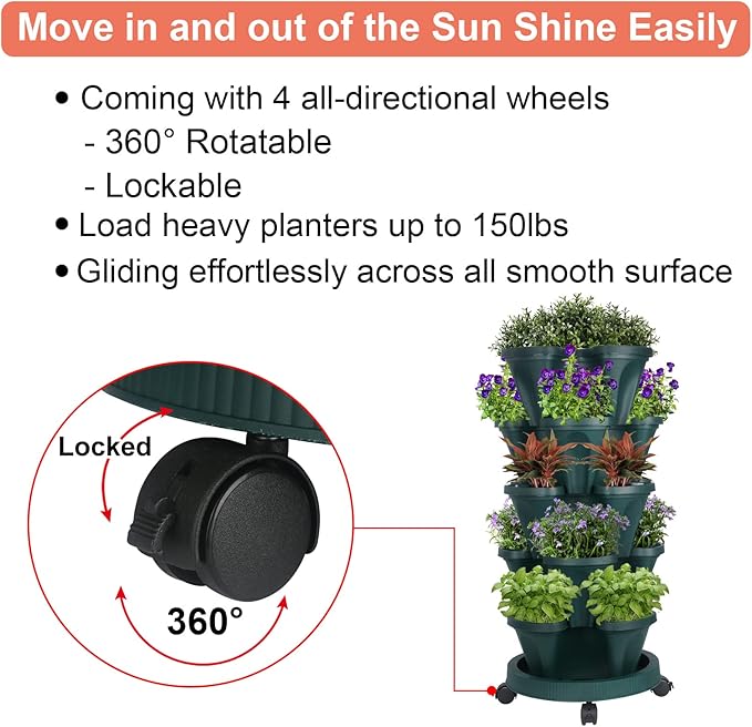GameXcel Vertical Planter 5 Tier Stackable Planters Garden Planters Strawberry Herb Flower and Vegetable Planter Indoor Outdoor Gardening Pots with Removable Wheels and Tools 2-Pack