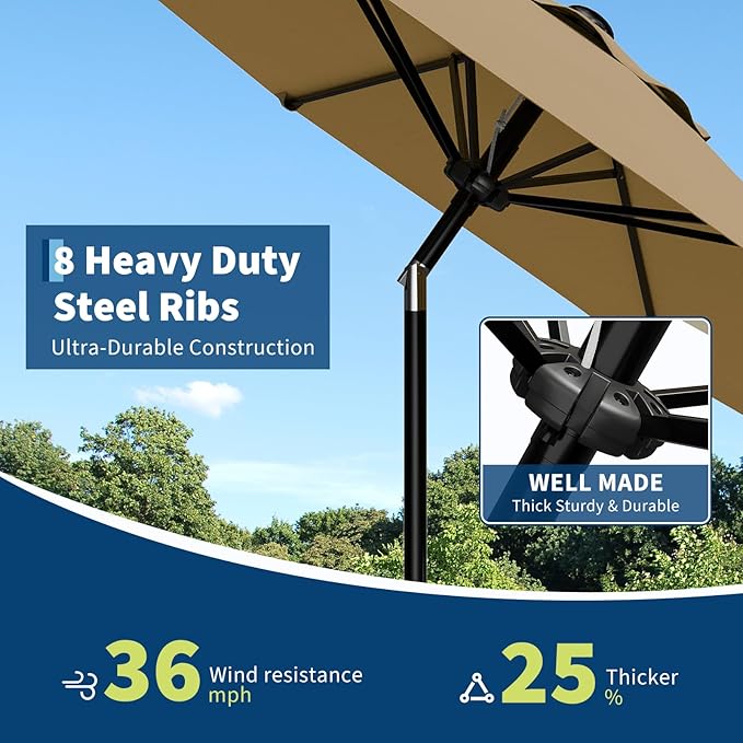 Garvee 10FT Patio Umbrella - Outdoor Table Umbrella with Smooth Crank Lift, Push Button Tilt and 8 Sturdy Ribs - Market Umbrella UV Protection Waterproof for Pool, Deck, Yard, Garden (Tan)