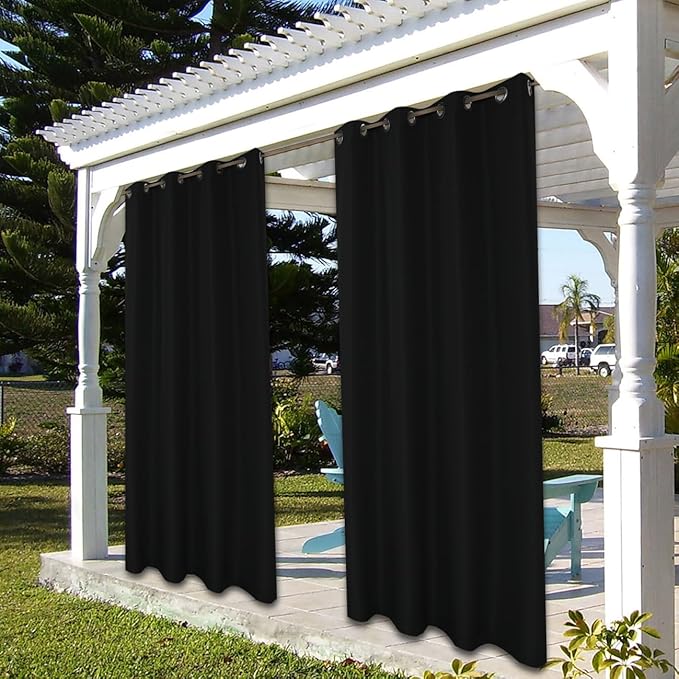 BONZER Outdoor Curtains for Patio Water Resistant Heavy Privacy Light Filtering Grommet Outside Curtains for Porch, Pergola, Gazebo, 1 Panel, 54W x 84L inch, Black
