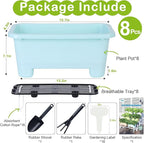 Self-Watering Rectangle Planter Boxes 8-Pack, 15.7-Inch Window Box Planter with Drainage Holes & Trays, Pots for Vegetables, Herbs, Flowers, Garden Windowsill Balcony (Sky Blue)