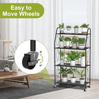 4 Tier Plant Stand with Wheels, Plant Shelf for Indoor Outdoor, Heavy Duty Metal Tall Plant Stands Holder Rack for Living Room Balcony and Garden, Black