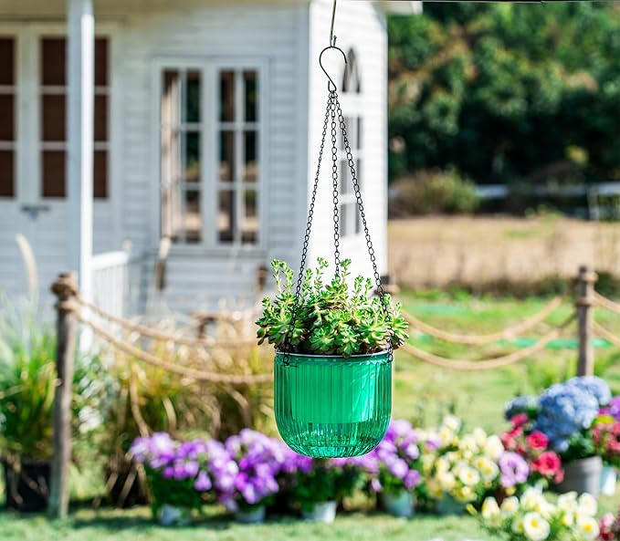 Melphoe 2 Pack Self Watering Hanging Planters Indoor Flower Pots, 6.5 Inch Outdoor Hanging Plant Pot Basket, Plant Hanger with 3Hooks Drainage Holes for Garden Home