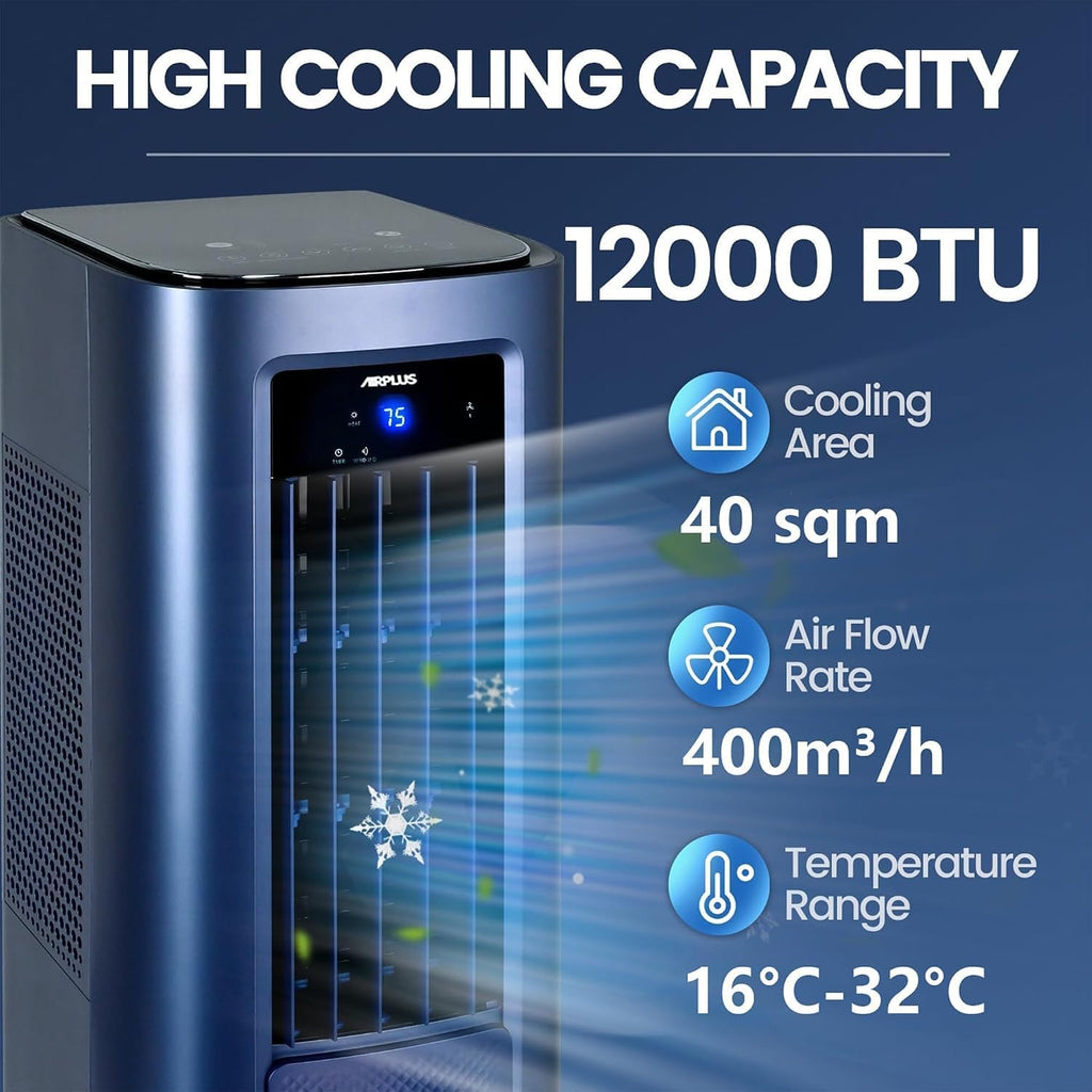 airplus smart portable air conditioner, 12,000 btu cooling/heating shown in use