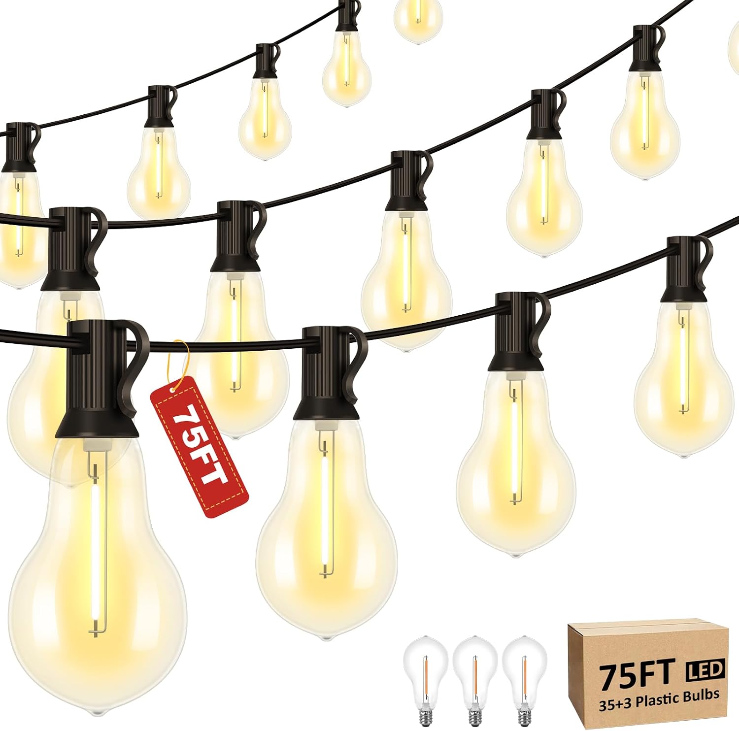 75FT Outdoor String Lights with 35 Bulbs(2FT Spacing), 3 Spare Bulbs | 2FT Bulb Spacing, IP65 Waterproof, Commercial, Perfect for Patio, Porch, Backyard