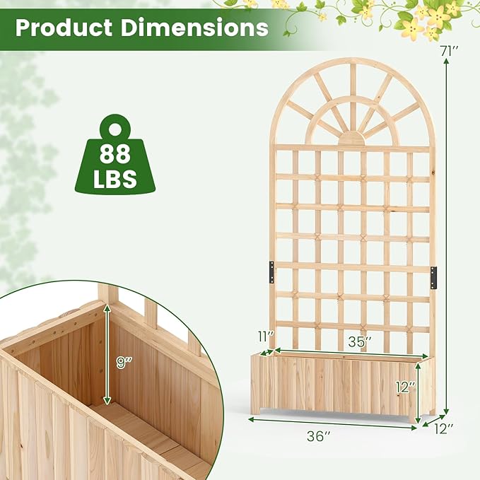 Giantex Wooden Raised Garden Bed with Arched Trellis Set 2, 71” Fir Wood Outdoor Elevated Planter Box Privacy Screen w/Drainage Holes, Vertical Garden Bed for Climbing Plants, Patio Balcony Backyard