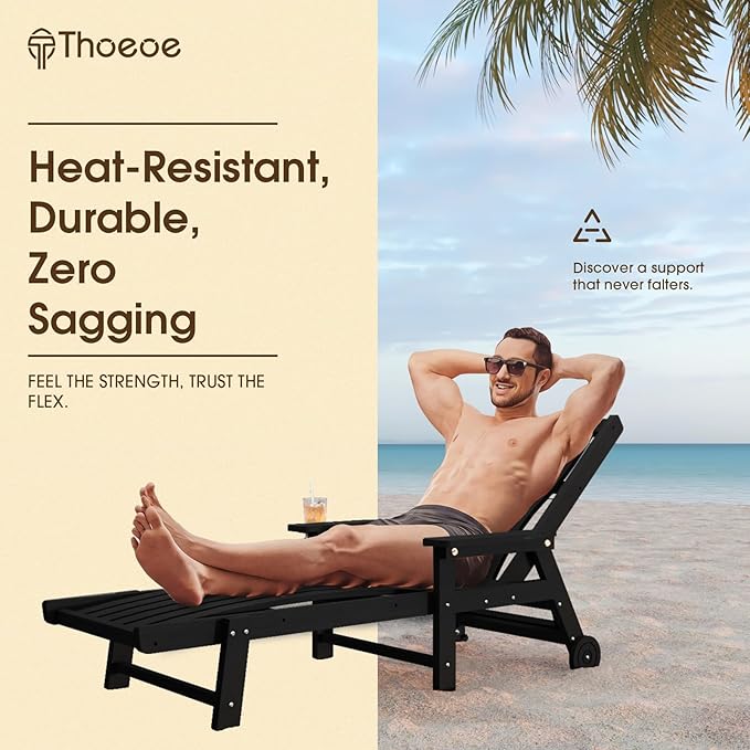 Patio Chaise Lounge Chair Set of 4, Oversized Lounge Chair Outdoor with 5 Positions, HDPE, Patio Lounge Chair with Wheels & Cup Holder for Pool, Deck, Poolside,Black