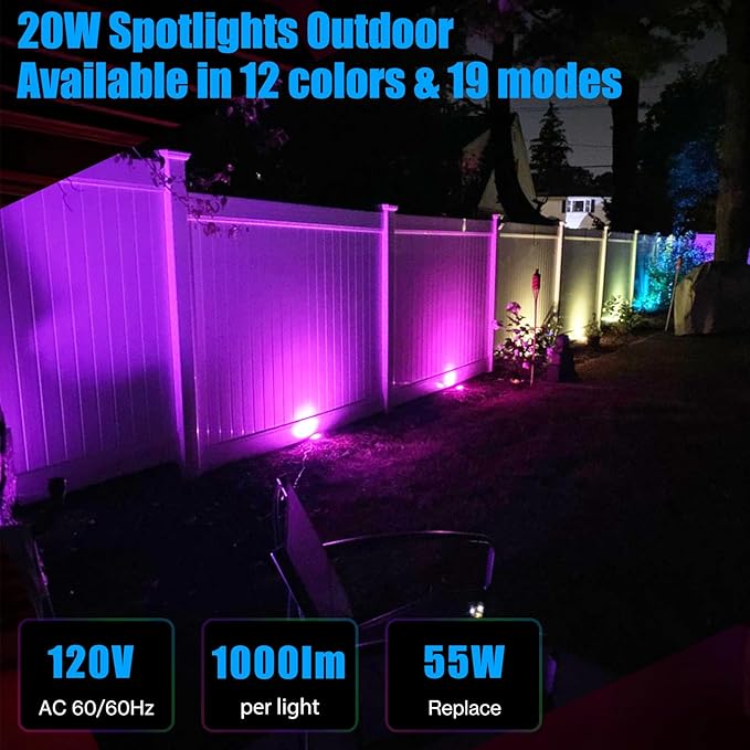 20W Outdoor RGB LED Spotlights 4 Pack, 120V 1000lm with Remote & Transformer, 12 Colors 19 Modes, IP65 Waterproof 46.5ft Cord, Landscape Lights for Yard Garden Christmas Halloween