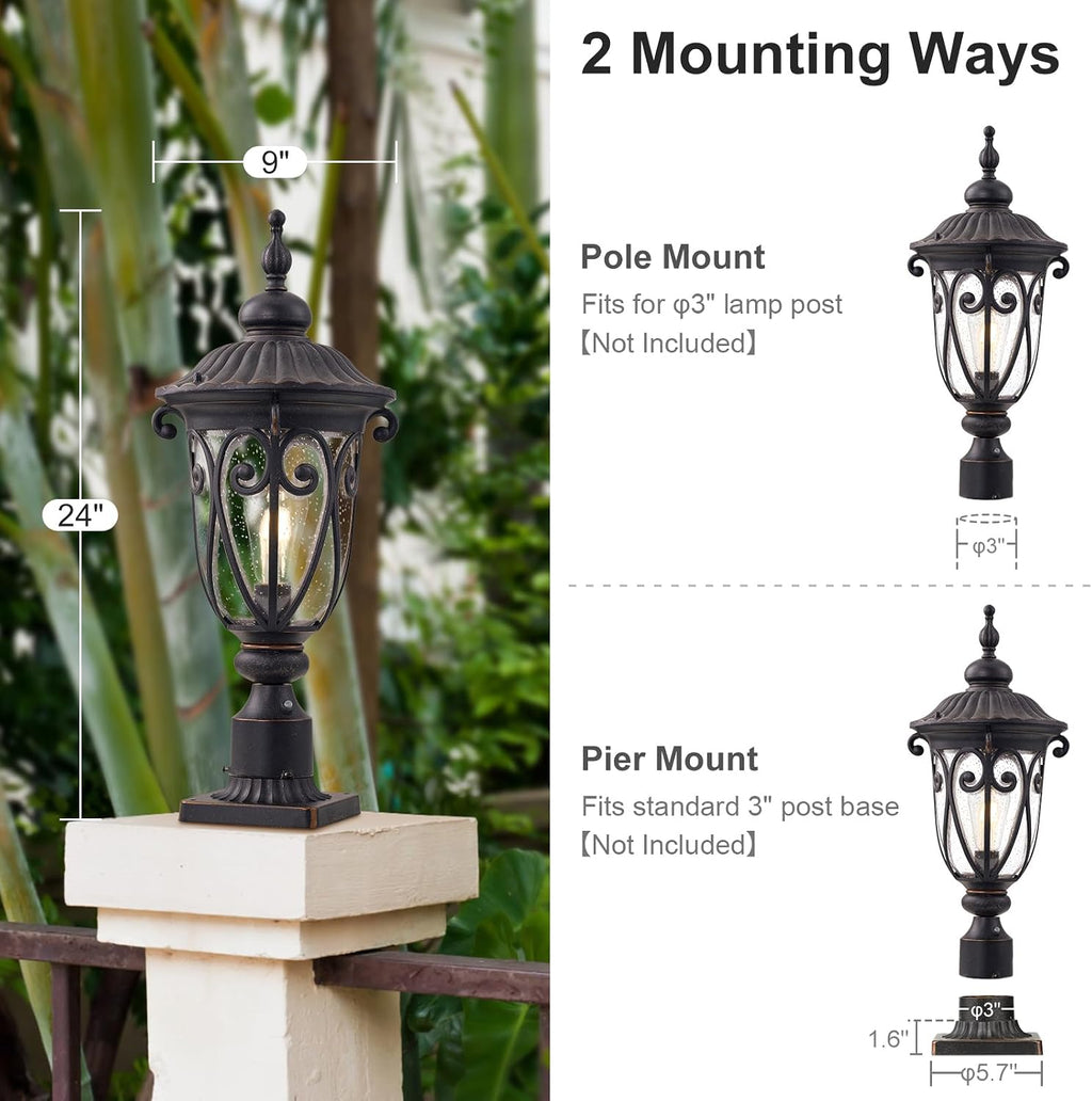 24 Inch High Outdoor Post Light Fixture with Dusk to Dawn Sensor, Bronze Post Lantern with Pier Mount, Exterior Pole Lighting with Seeded Glass for Yard, Garden, Patio and Pathway, LMMS0519-M