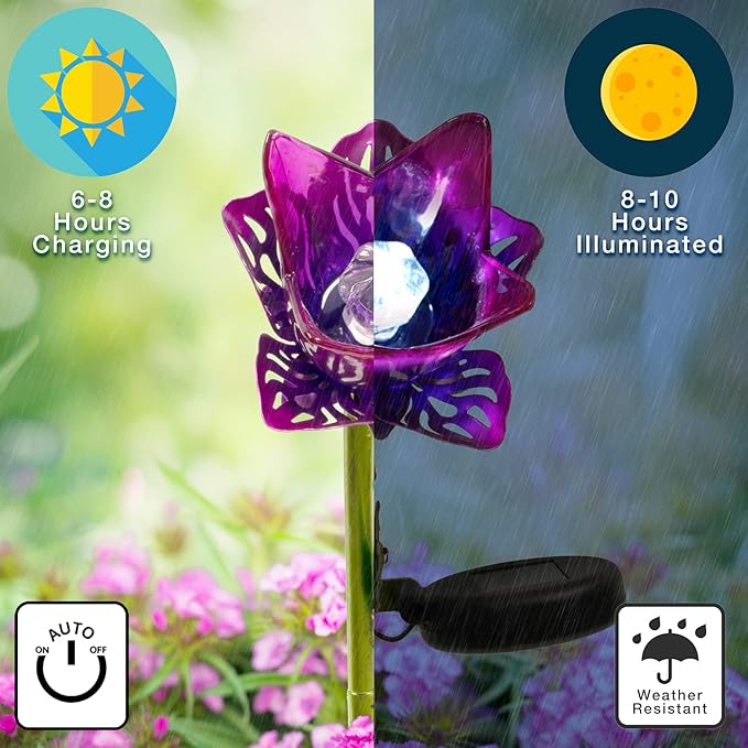 Crosslight Glass Flower Solar LED Waterproof Outdoor Garden Stake - Decorative Electronic Light Garden Decor for Yard, Lawn, Patio, Deck, Pathway, Pond, Backyard (Blue)