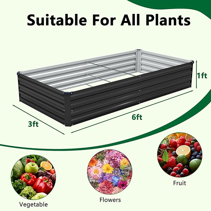 2 Pack 6x3x1FT Galvanized Raised Garden Bed Kit, Outdoor Metal Planter Box for Vegetables, Bottomless Rectangular Gardening Bed with Support Rods, Tool-Free Assembly, Black