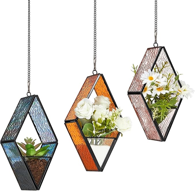 Yaomiao 3 Pcs Stained Glass Hanging Plant Terrariums Hanging Glass Planter Small Geometric Terrarium Air Plant Terrarium with Chain for Succulent Moss Holders Garden Wall Windowsill (Vivid Color)