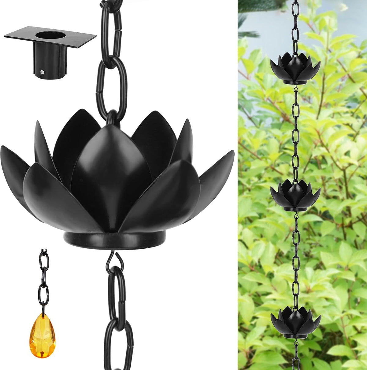 rifachua 8.5ft black lotus rain chain for gutter, main product view