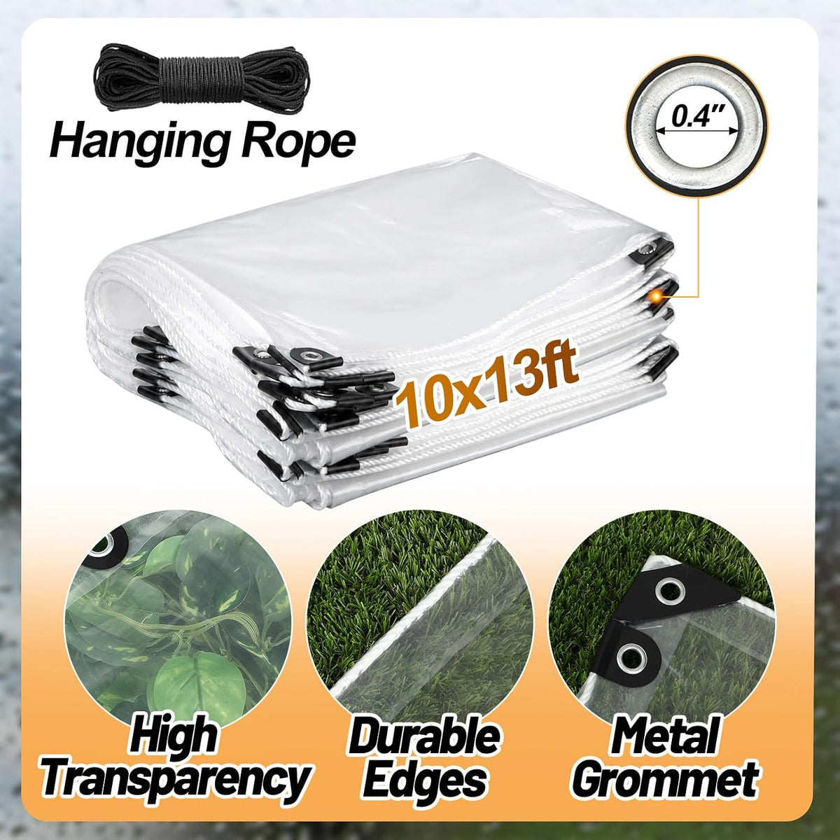 10x13ft anti-tear clear tarp waterproof, 5 mil, windproof showing dimensions