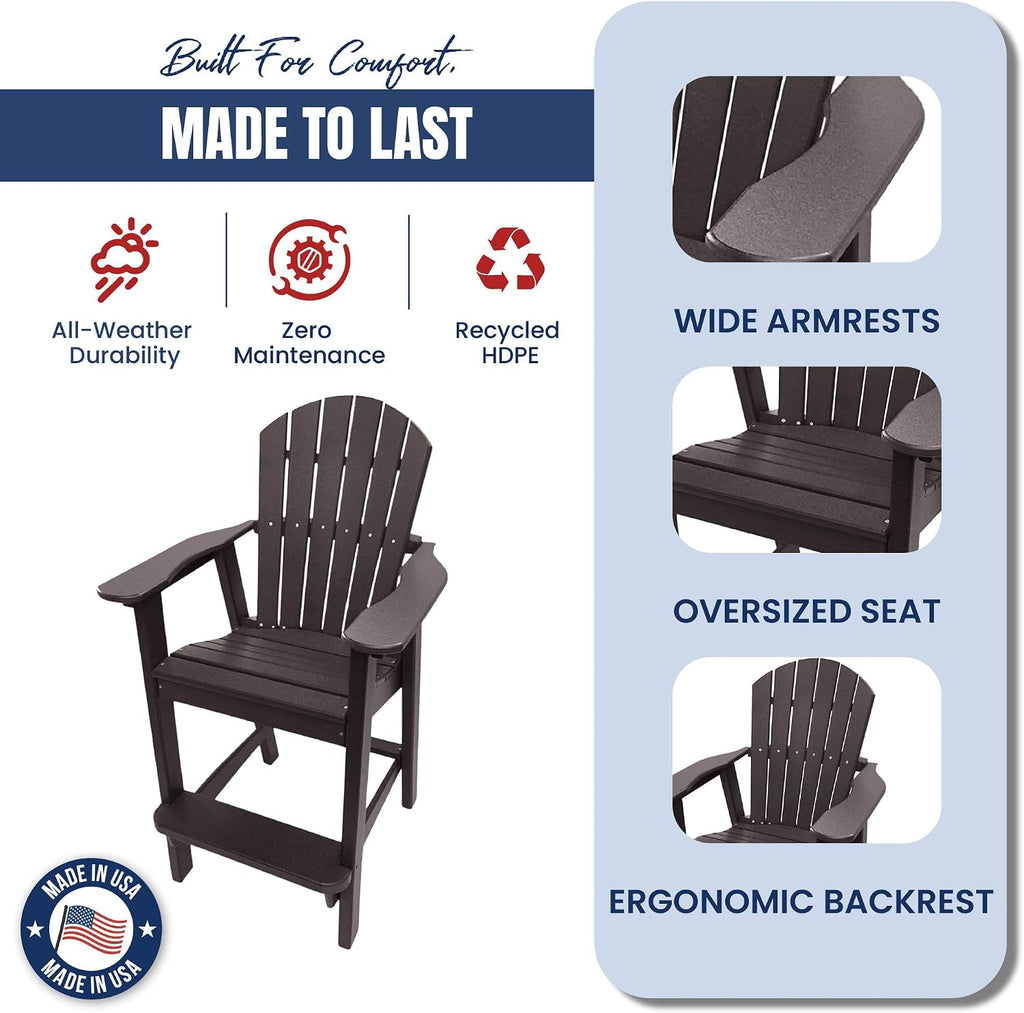 Tall Adirondack Chair - HDPE Outdoor Furniture - Poly Adirondack Bar Stool - Heavy, Stress Free Furniture for Balcony, Deck, Patio, Front Porch, Brown