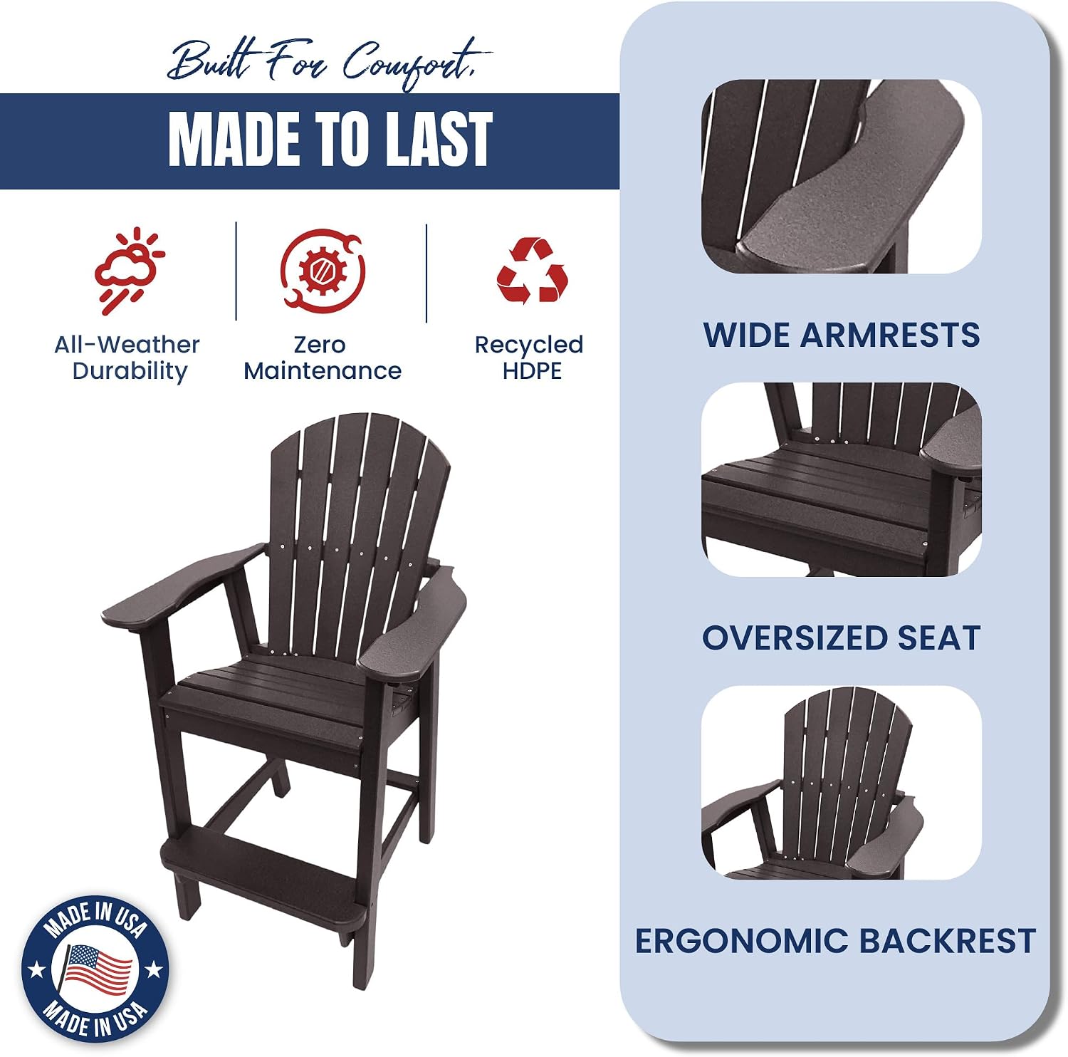 Tall Adirondack Chair - HDPE Outdoor Furniture - Poly Adirondack Bar Stool - Heavy, Stress Free Furniture for Balcony, Deck, Patio, Front Porch, Brown