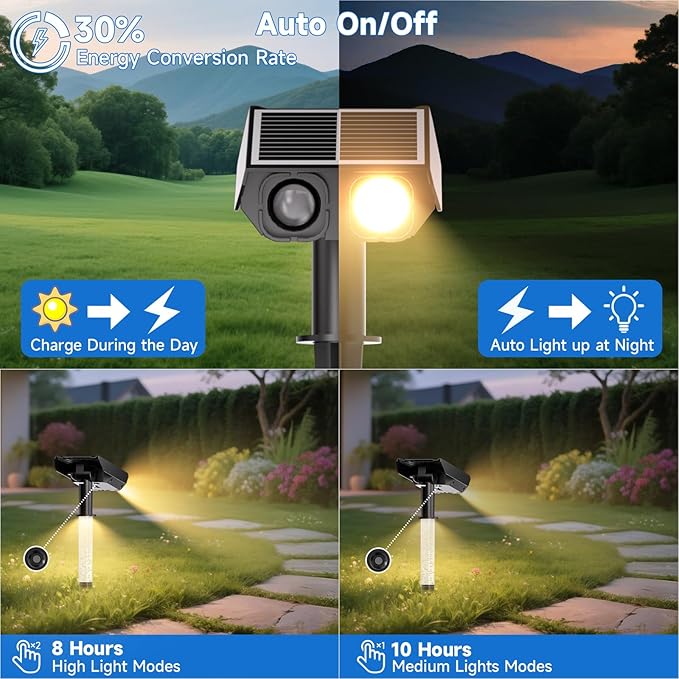 Solar Spot Lights Outdoor Adjustable Beam & PC Light Guide Column, 12 Pack Solar Lights Outdoor Waterproof IP65, 2 Modes & Auto On/Off Landscape Spotlights for Garden Yard Pathway Tree (Warm Yellow)