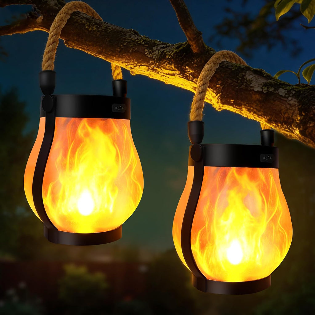 Solar Lanterns Outdoor 2-Pack with Ultra-Real Flame Lights, Dual Charging (USB/Solar), 2 Modes & Outdoor Waterproof Design — Decorative Hanging/Table Lights for Yard, Patio, Garden