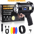 Rechargeable Spotlight, 99000 Lumens Bright LED Spotlight Flashlight, Long Running Spot Light Searchlight, Outdoor Handheld Spotlights with Solar Panels for Hunting,Camping,Boat,6 Spotlight Modes