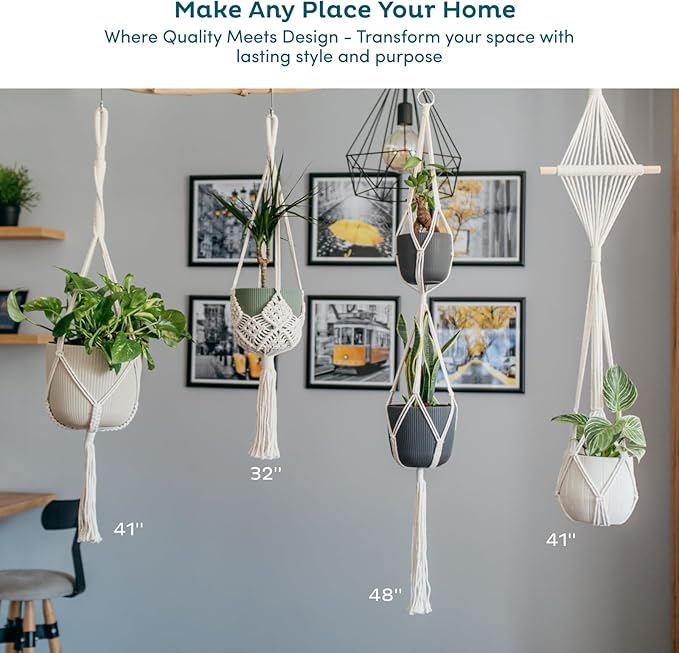 Nook Theory 4-Pack Macrame Plant Hangers with 8 Hooks - Hanging Planters for Indoor Plants, Boho Macrame Hangers Indoor Outdoor, Decorative Plant Hanger Indoor (Cream)