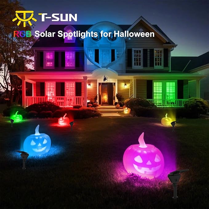 T-SUN Solar Spotlights Outdoor, Color Changing Landscape Lights, Halloween Lights Outdoor IP65 Waterproof Landscape Lighting Auto On/Off for Garden Yard Lawn Pathway, 12-Pack
