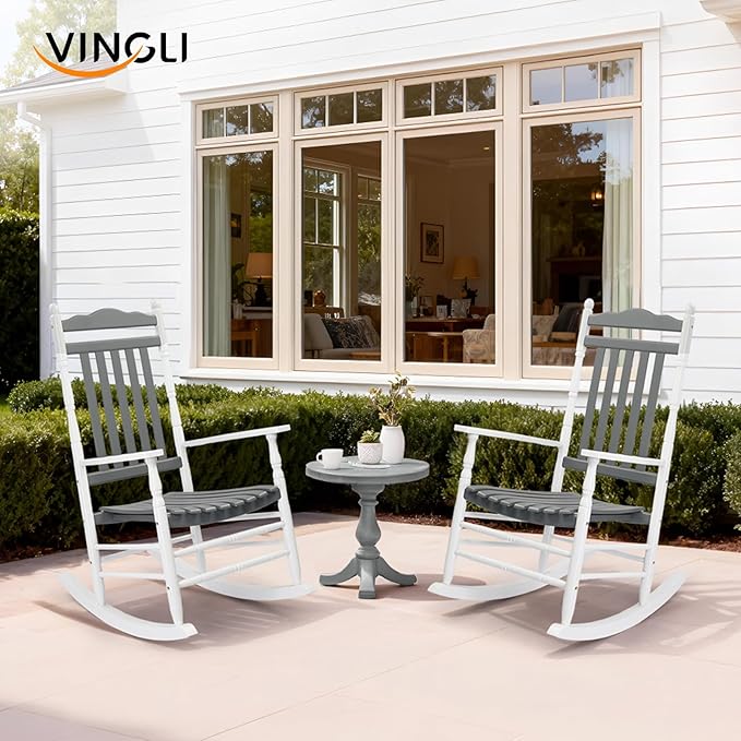 VINGLI Wooden Rocking Chair, Outdoor Chair with 450 lbs Support, Relaxing Rocker with Solid Wood High Back Seat Reclining Seat for Deck, Garden, Backyard, Porch (White & Grey, 1PC)