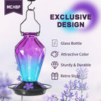 Glass Hummingbird Feeder for Outdoors Hanging, 25Oz Humming Bird Nectar Feeder, Perch, 5 Flower Feeding Ports, Leak Proof Base, Hook for Outside Garden Backyaard, Gift for Women, Diamond Purple