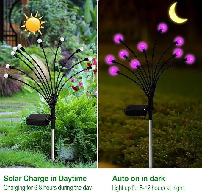 Kohlrabi Solar Garden Lights Outdoor, 6 Pack 60 LED Pink Firefly Lights Waterproof, Sway by Wind, Solar Swaying Light for Yard Patio Backyard Garden Planter Flower Bed Pathway Outdoor Decoration
