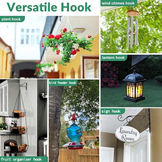 KABB Hanging Plant Bracket, 2 Pcs 10" Iron Decorative Wall Hanger Hooks for Hanging Plants Flower Baskets Bird Feeders Wind Chimes, Indoor Outdoor Rustic Home Decor, Coffee Color