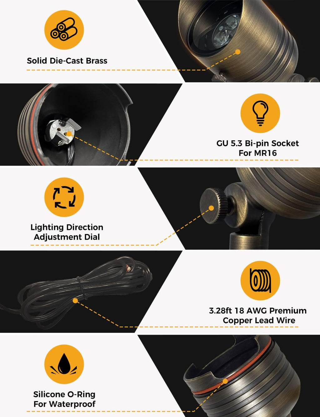 COLOER 5W 12V Brass Outdoor Landscape Spot Light with Bulb(4Pack) | Solid Brass Construction,12V Low Voltage,5W 2700K Warm White,IP65 waterproof,Replaceable MR16 Bulb,Small Size,Adjustable head