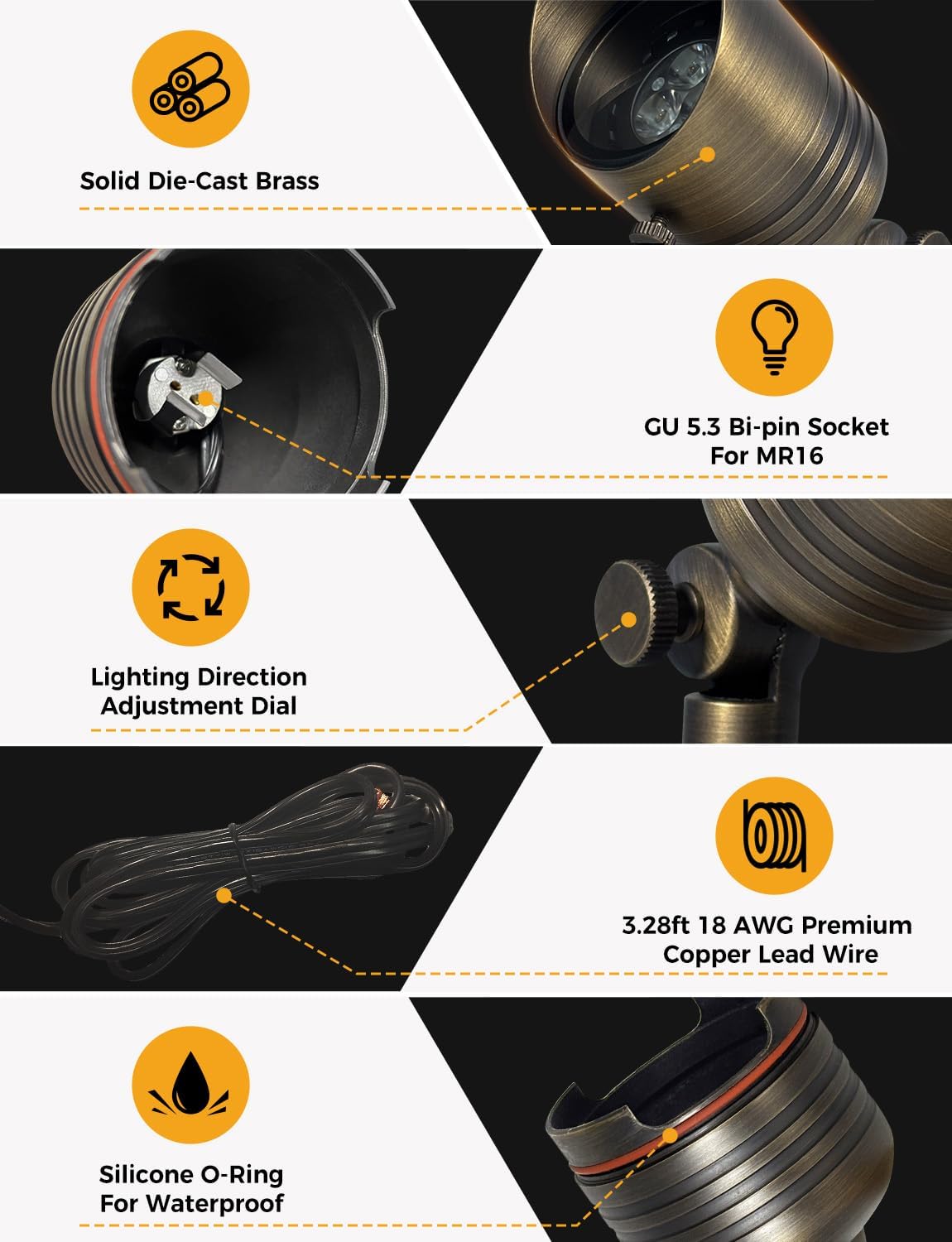 COLOER 5W 12V Brass Outdoor Landscape Spot Light with Bulb(4Pack) | Solid Brass Construction,12V Low Voltage,5W 2700K Warm White,IP65 waterproof,Replaceable MR16 Bulb,Small Size,Adjustable head