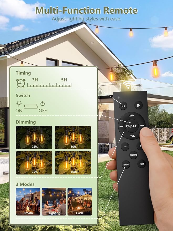luckystyle 30FT Solar String Lights Outdoor Waterproof 2200K with Remote & USB Charging, 10+1 LED Shatterproof Bulbs, Dimmable & Timable, 3 Light Modes, Long Last for Garden,Patio, Backyard, Camping