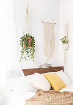 Mkono Macrame Plant Hanger Indoor Hanging Planter Basket with Wood Beads Decorative Flower Pot Holder No Tassels for Indoor Outdoor Boho Home Decor 35 Inch, Ivory, Set of 3 (POTS NOT Included)