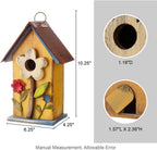 Glitzhome Bird Houses for Outside, 10.2" H Hanging Bird House for Outdoor Patio Garden Decorative Birdhouse Pet Cottage Distressed Wooden Birdhouse for Swallow Sparrow Finch Cardinals, Yellow Flower