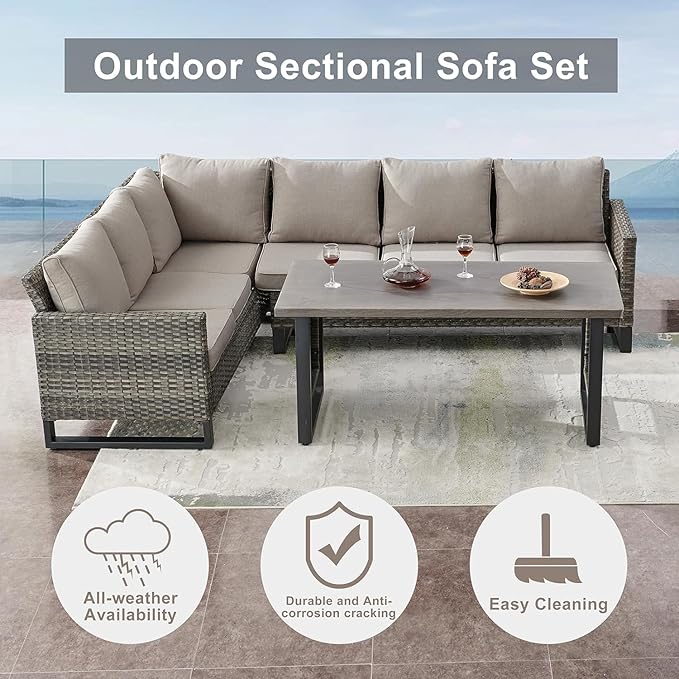 Belord Patio Sectional Furniture Set with Fire Pit Table: 8 Pieces Wicker Patio Conversation Set with L Shaped Sofa, Outdoor Swivel Glider Rocker, Rattan Ottomans, Removable Cushions Grey