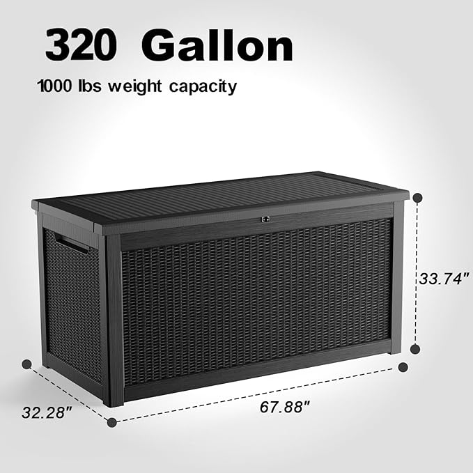 320 Gallon Outdoor Storage Box,Large Waterproof UV Resistant Deck Box,Lockable Storage Container for Patio Furniture Cushions Garden Tools and Pool Accessories(Black)