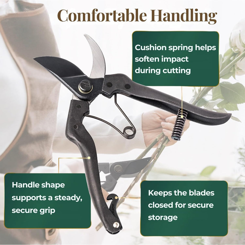 Wablade Japanese Pruning Shears, Bypass Garden Pruner 7.9", Made in Japan | Garden shears cut live branches up to 0.59", forged alloy steel blade for clean, controlled pruning (Cusion-Spring Model)