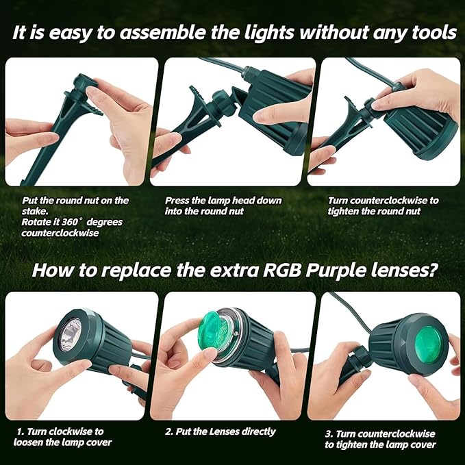 Spotlight Outdoor – 120V Plug-In, 6500K Cool White LED Landscape Lighting with RGB Purple 4 Color Lenses for Yard, Garden, Lawn & Tree Decor on Holidays&Everyday, IP67 Waterproof (2 Pack,Green)