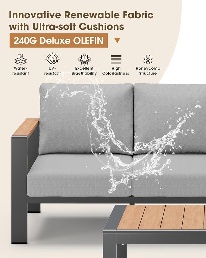 Outdoor Aluminum Patio Furniture Set 11 Seats, Patio Sectional Corner Couch Set with Washable Thick Cushions & Coffee Table, Patio Conversation Sets for Porch, Backyard, Garden, Deck, Gray