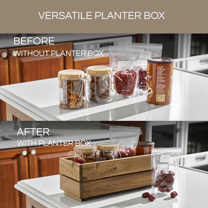Wooden Planter Box, Storage Box 17”L x6”W x5.5”H with Crate Style, Acacia Wood Flower Container, Rustic Rectangle Planter for Planting, Decor and Storage - 3 Colors (Golden Walnut)