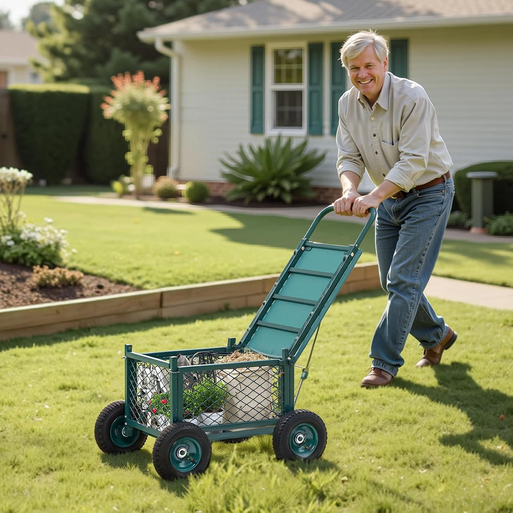 vevor rolling garden cart with seat, metal rolling, front angle view