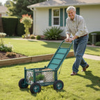 vevor rolling garden cart with seat, metal rolling, front angle view