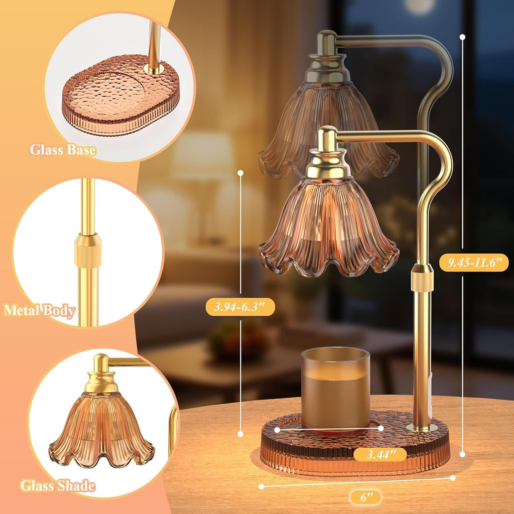 Flower Candle Warmer Lamp with Timer & 4-Level Dimmer, Adjustable Height | Flameless Electric Wax Warmer for Jar Candles, Includes 2 Bulbs, Brown, Home Decor Gift for Men & Women, Housewarming