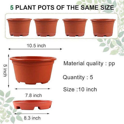 5 Pack 10.5 inch Plant Pots,Planter-Pots-for-Plants-Indoor-Outdoor，Plastic Flower Pot for Indoor Outdoor Plants with Drainage Holes & Trays, Decorative Garden Containers Sets for Houseplants