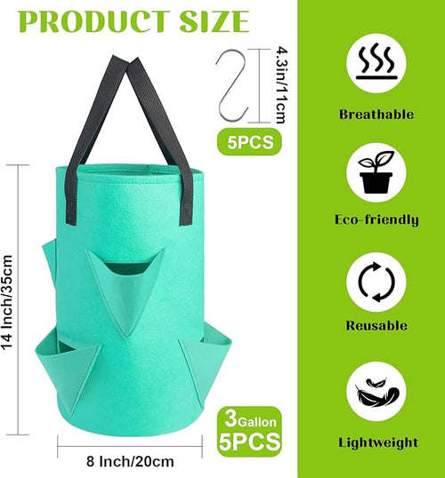 5 Pack Upside Down Strawberry Hanging Planter, 3 Gallon Tomato Hanging Grow Bags with 5 Hooks, Hanging Tomato Strawberry Grow Planters Vegetable Planting Bags with 6 Planting Holes for House Garden