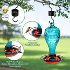 Blown Glass Hummingbird Feeder, Blue, 20 oz | Hand-blown glass hummingbird feeder for outdoor hanging, hot air balloon design, leak-proof seal, ant moat, garden decor