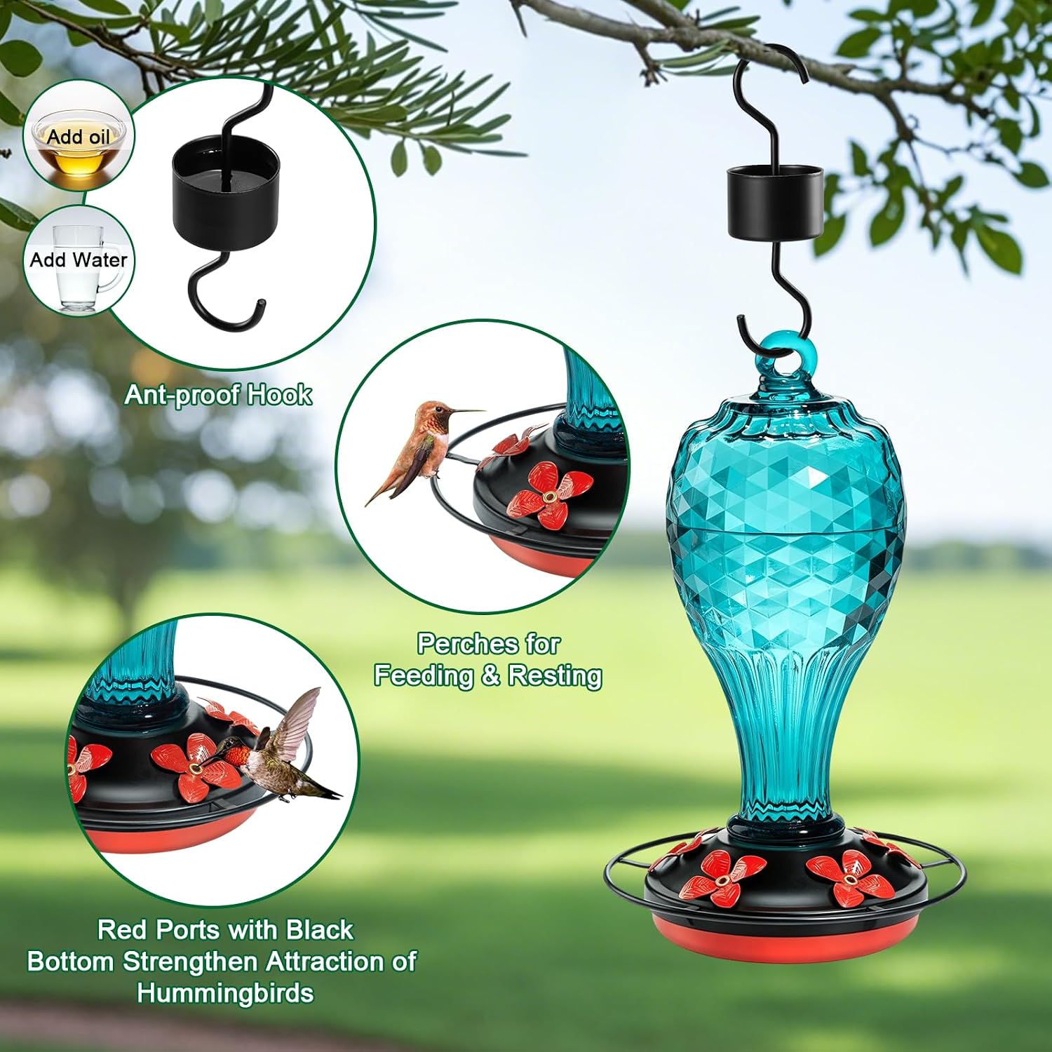 Blown Glass Hummingbird Feeder, Blue, 20 oz | Hand-blown glass hummingbird feeder for outdoor hanging, hot air balloon design, leak-proof seal, ant moat, garden decor