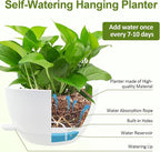 WOUSIWER Self Watering Hanging Planters, 2 Pack 12'' Plastic Pots with Drainage Holes & Reservoir Tray (White) | Indoor & Outdoor Use for Ferns, Ivy, Herbs, Succulents