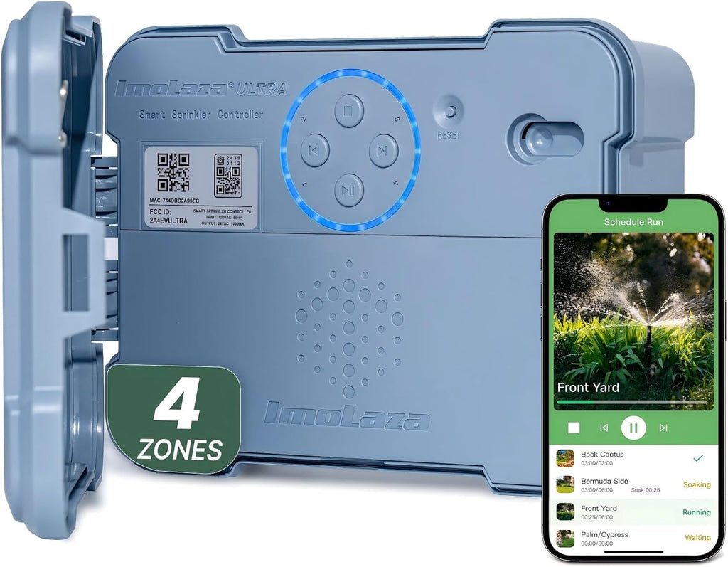 ImoLaza Outdoor Sprinkler Controller, 4-Zone Ultra WiFi Sprinkler Timer | Smart lawn irrigation: water saving, weather-based, soil saturation skip, easy App control, works with Alexa, fault alerts