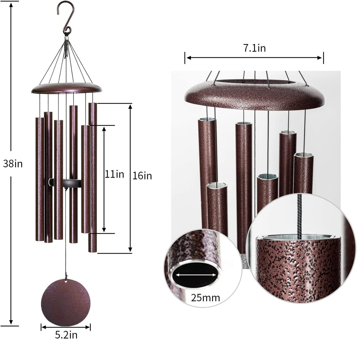 fdocoi wind chimes for outside deep tone,38'' large showing dimensions